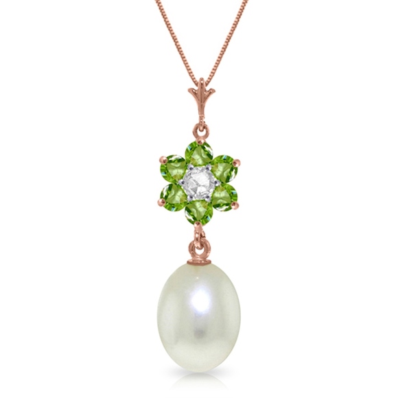 14K. GOLD NECKLACE W/NATURAL PEARL, PERIDOTS